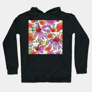 Colorful summer Dasy and Poppy flowers.Vibrant watercolor flowers print Hoodie